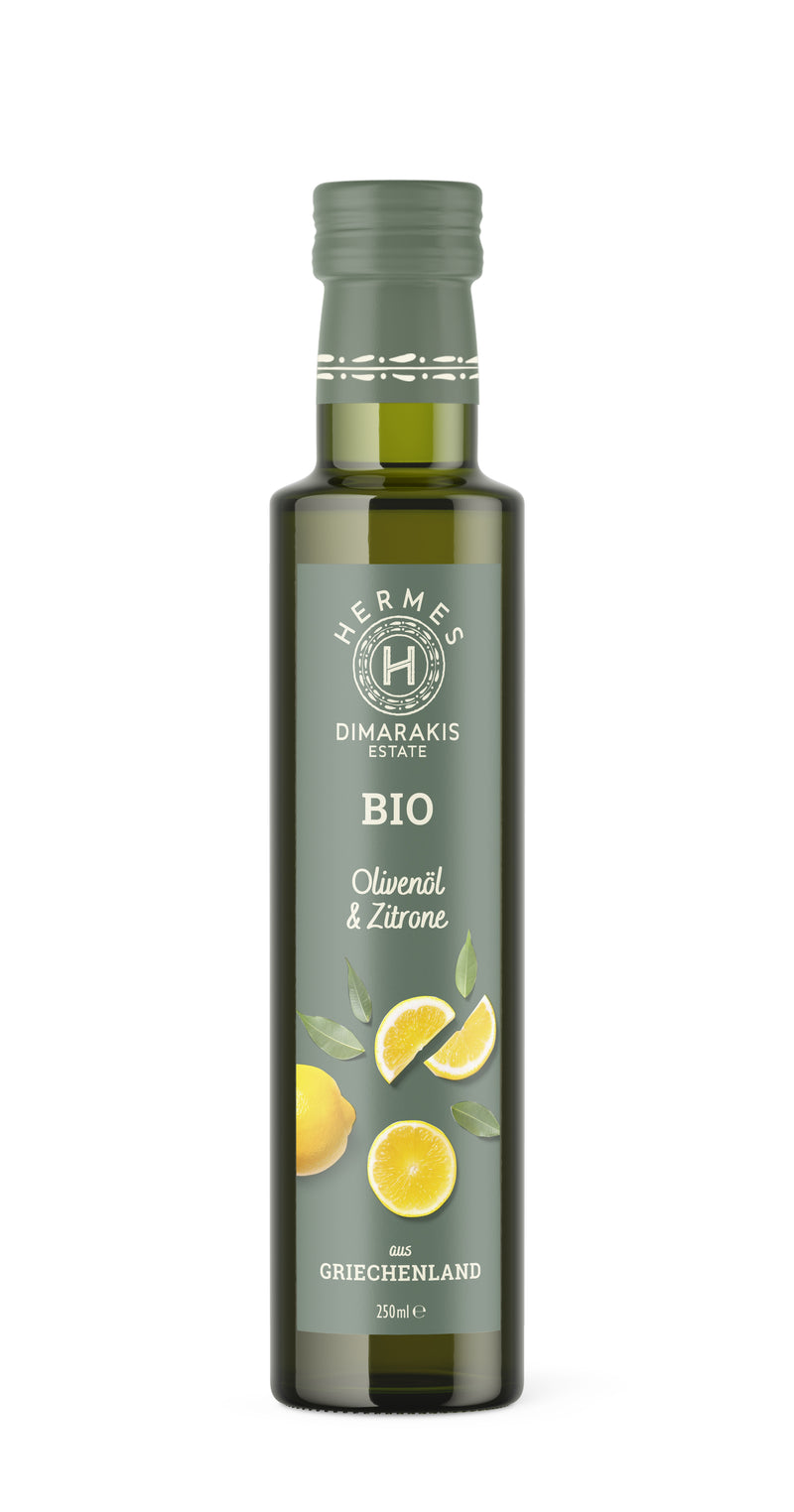 Front label of bottle of Hermes Organic Extra Virgin Olive Oil with lemon