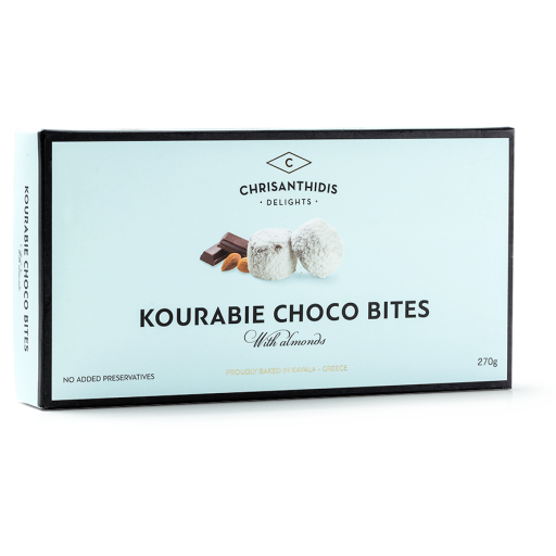 Front of box of Chrisanthidis Kourabie Choco Bites