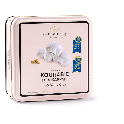 Front of box of Chrisanthidis Kourabie cookies