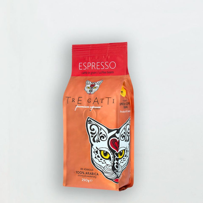 Front of bag of Tre Gatti premium espresso