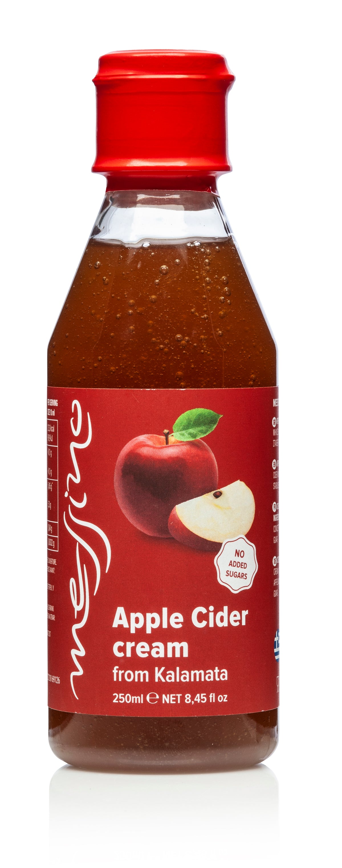 Bottle of Messino apple cider cream with a red cap and label on a white background