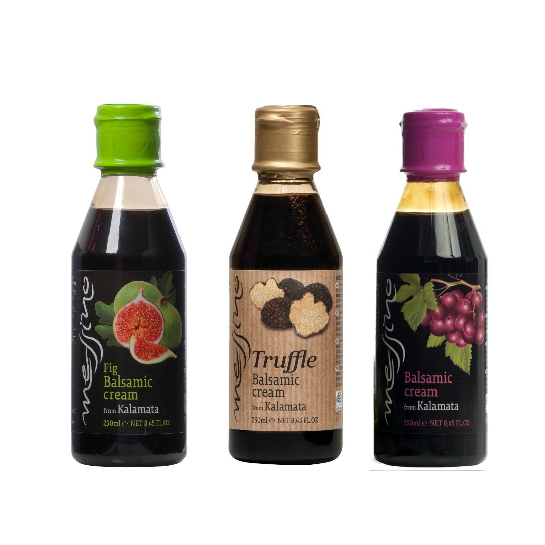 Variety Trio of Messino Balsamic Vinegar Glazes on white background