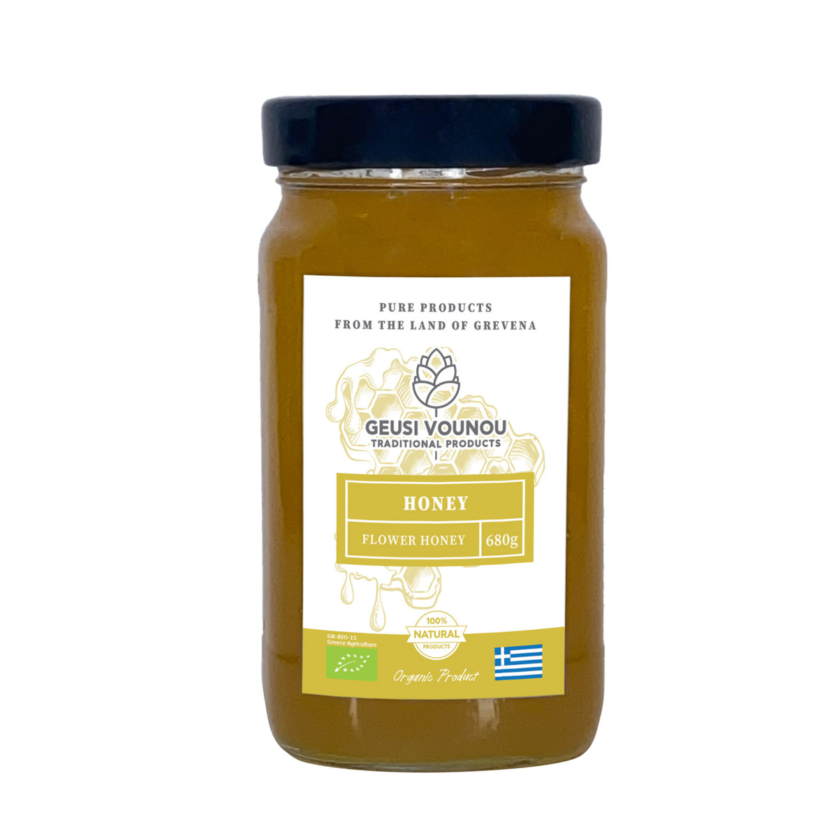 Geusi Vounou Organic Flower Honey, 680g | Greek Wildflower Honey, Smooth & Naturally Sweet