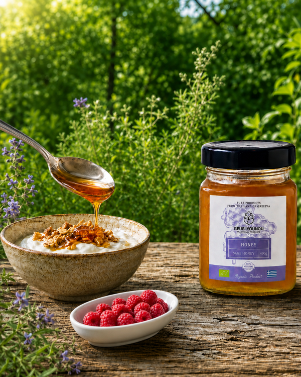 Geusi Vounou Organic Sage Honey, 450g | Greek Sage Honey, Aromatic & Delicately Herbal