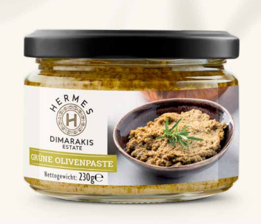 Front label of jar of Hermes Dimarakis Estate green olive paste