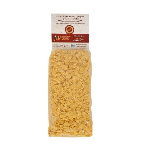 Front of package of Mikinaion Gefsis Hilopites pasta