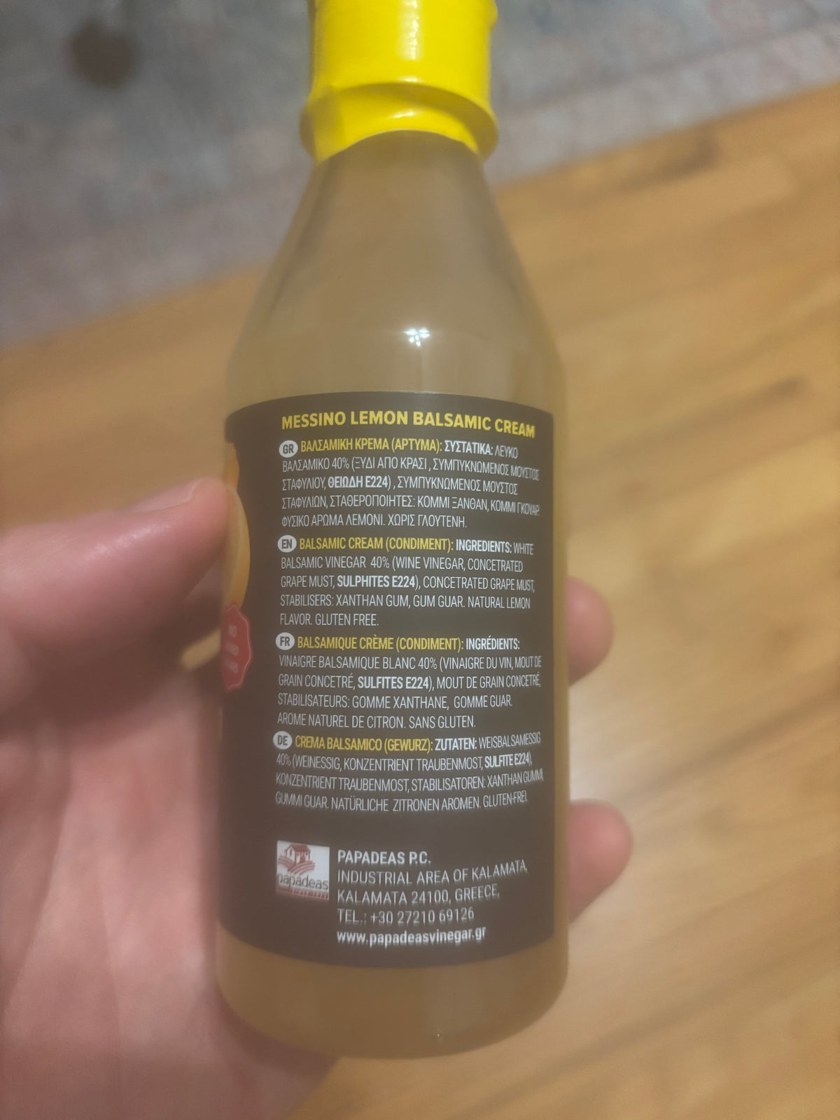 Back label for a bottle of Messino lemon balsamic glaze