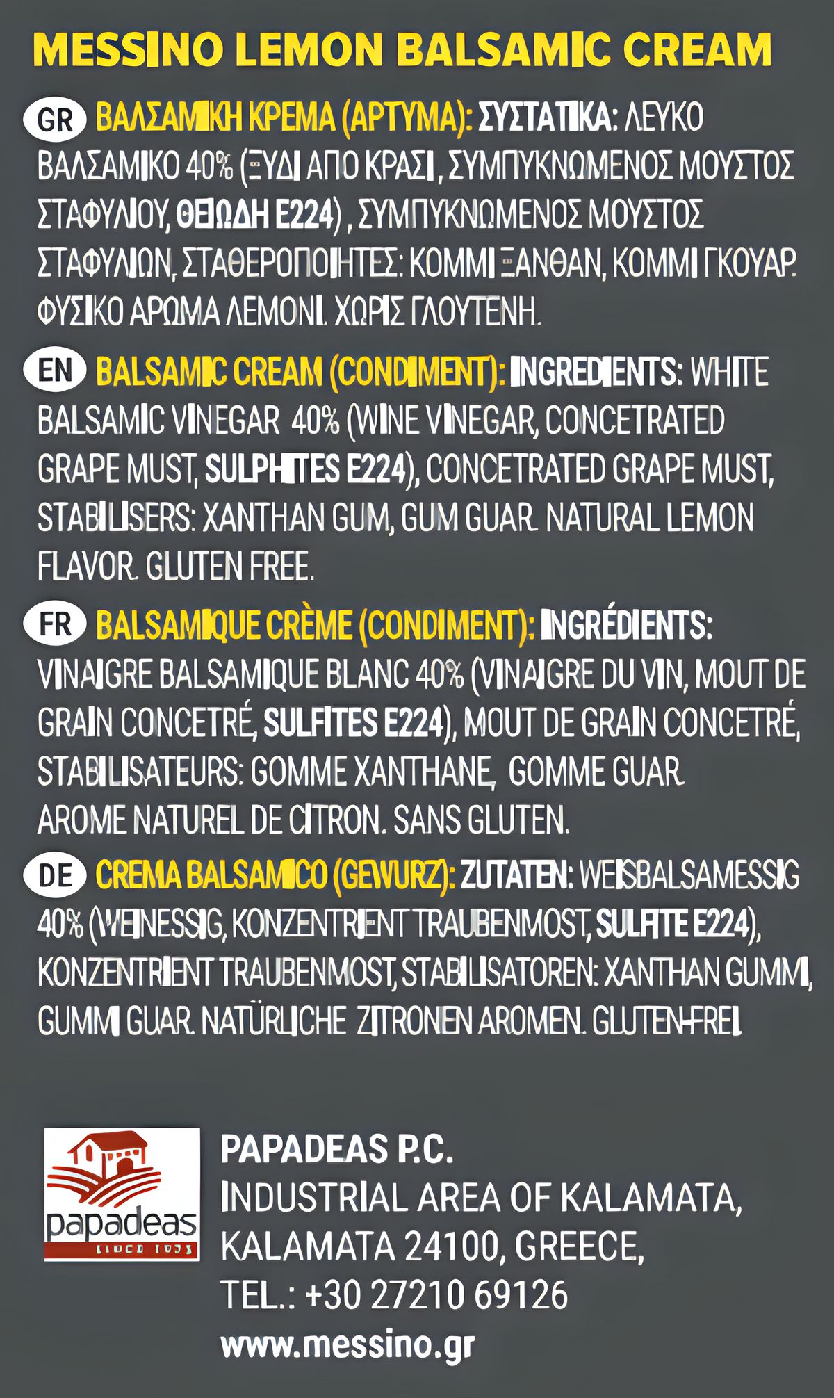 Messino Lemon Balsamic Glaze, 250ml | Citrus Balsamic Reduction, Bright & Tangy