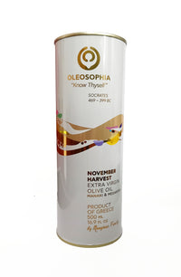 Oleosophia November Harvest Extra Virgin Olive Oil – Manaki & Megaritiki Blend, Greek EVOO (500 ml Tin)