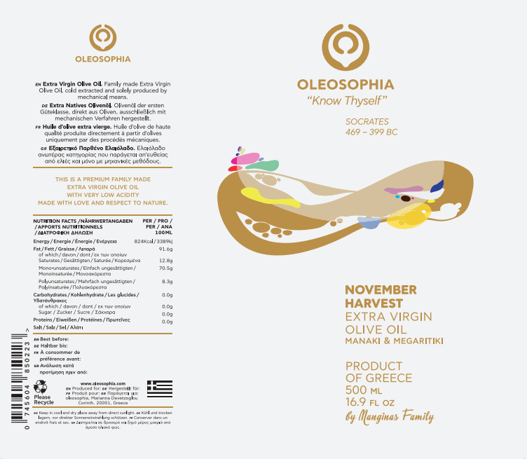 Oleosophia November Harvest Extra Virgin Olive Oil – Manaki & Megaritiki Blend, Greek EVOO (500 ml Tin)