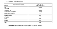 Nutrition information table for organic EVOO with lemon on a white background