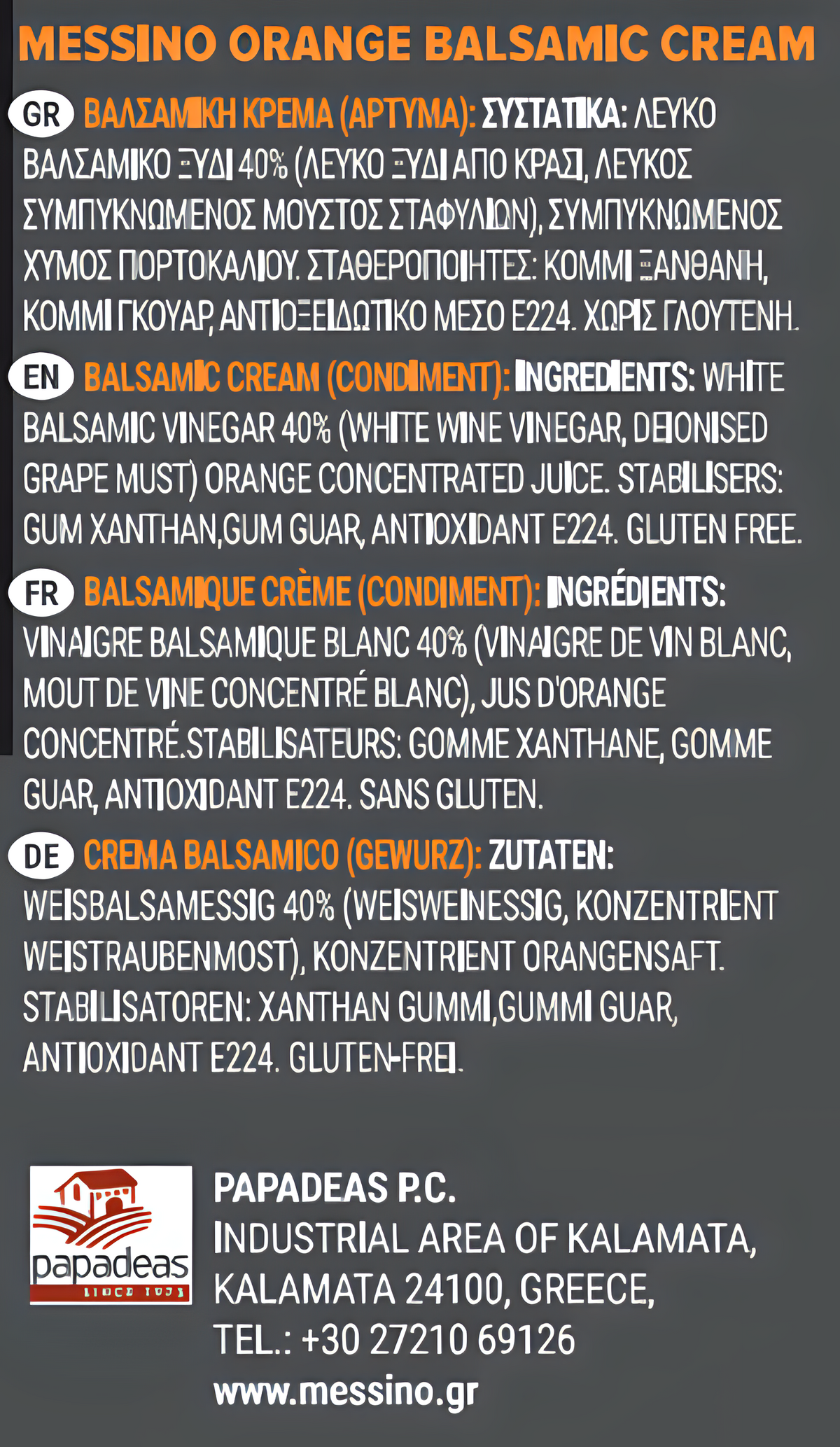 Messino Orange Balsamic Glaze, 250ml | Citrus Balsamic Reduction, Sweet & Tangy
