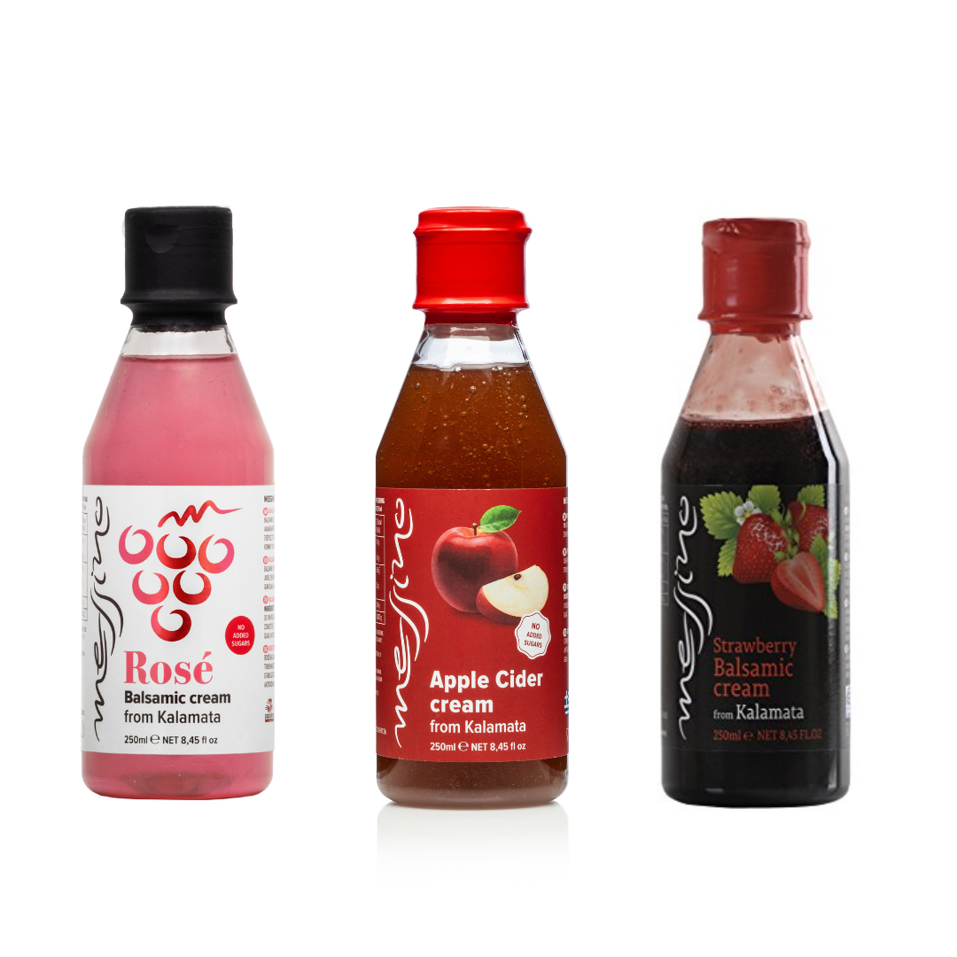 Three bottles of Messino Balsamic cream products on a white background