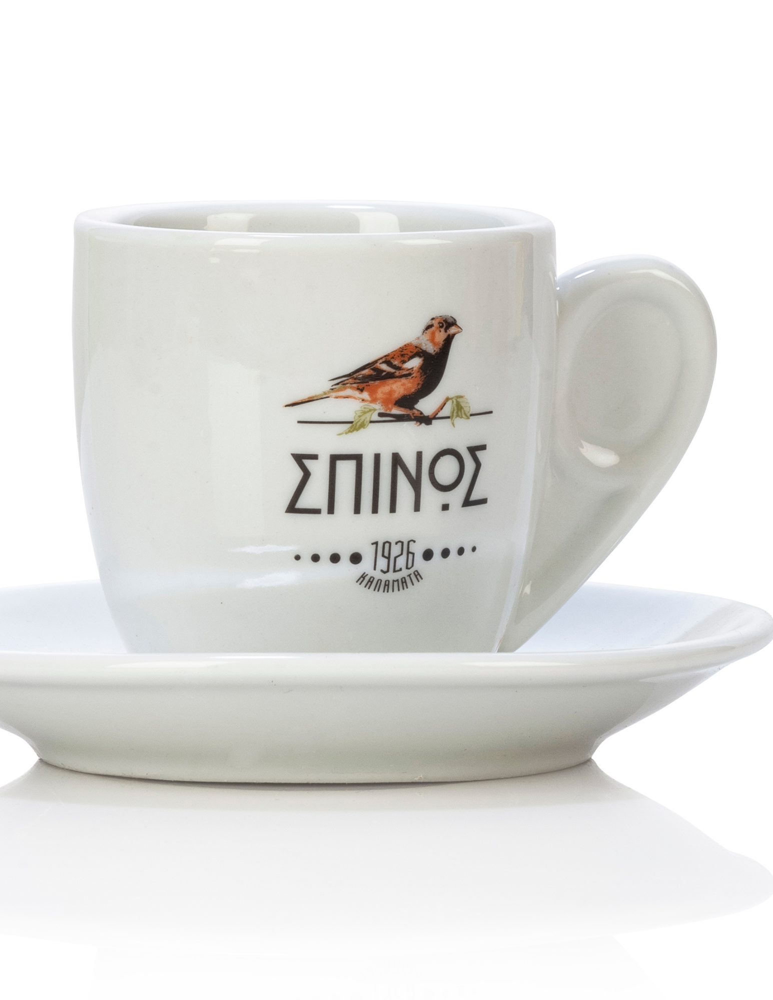 A white espresso cup with the Spinos name and logo printed on the side