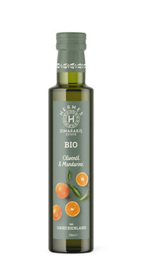 Front label of bottle of Hermes Organic Extra Virgin Olive Oil with mandarin