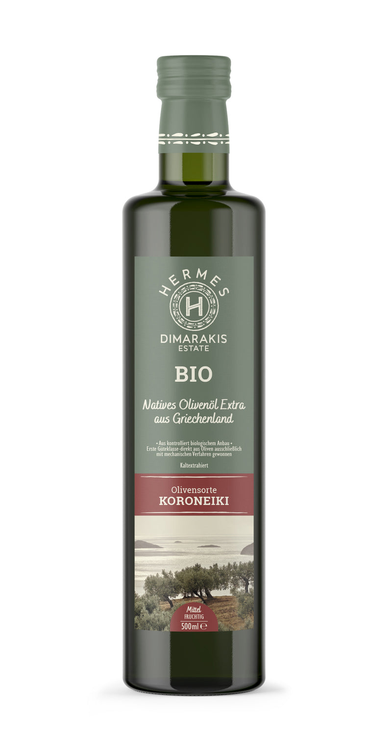 Front of bottle of Hermes Dimarakis Estate Koroneiki varietal organic extra virgin olive oil