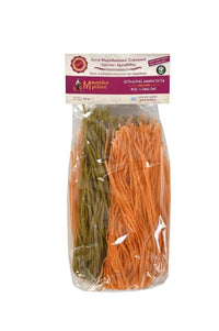 Front of package of Mikinaion Gefsis Linguine with Spinach, Onion and Tomato pasta