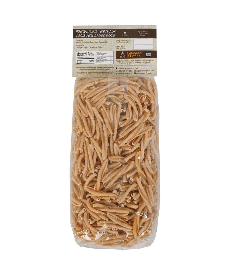 Back of package of Mikinaion Gefsis Caserecce with Chickpea and Onion pasta
