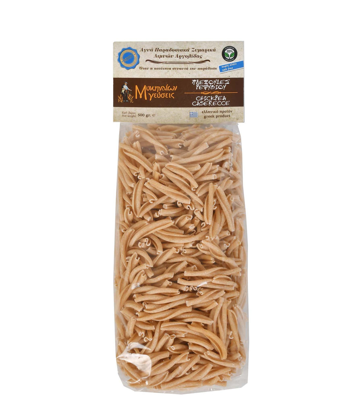 Front of package of Mikinaion Gefsis Caserecce with Chickpea and Onion pasta