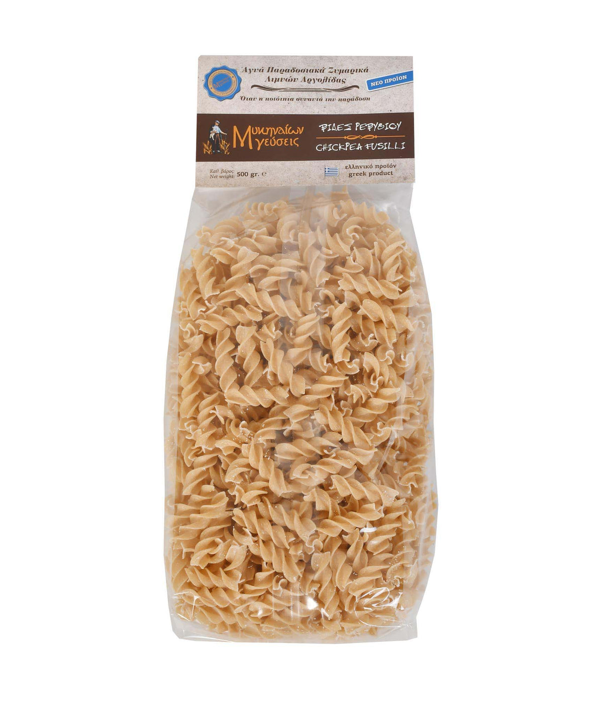 Front of package of Mikinaion Gefsis Fusilli with Chickpea and Onion pasta