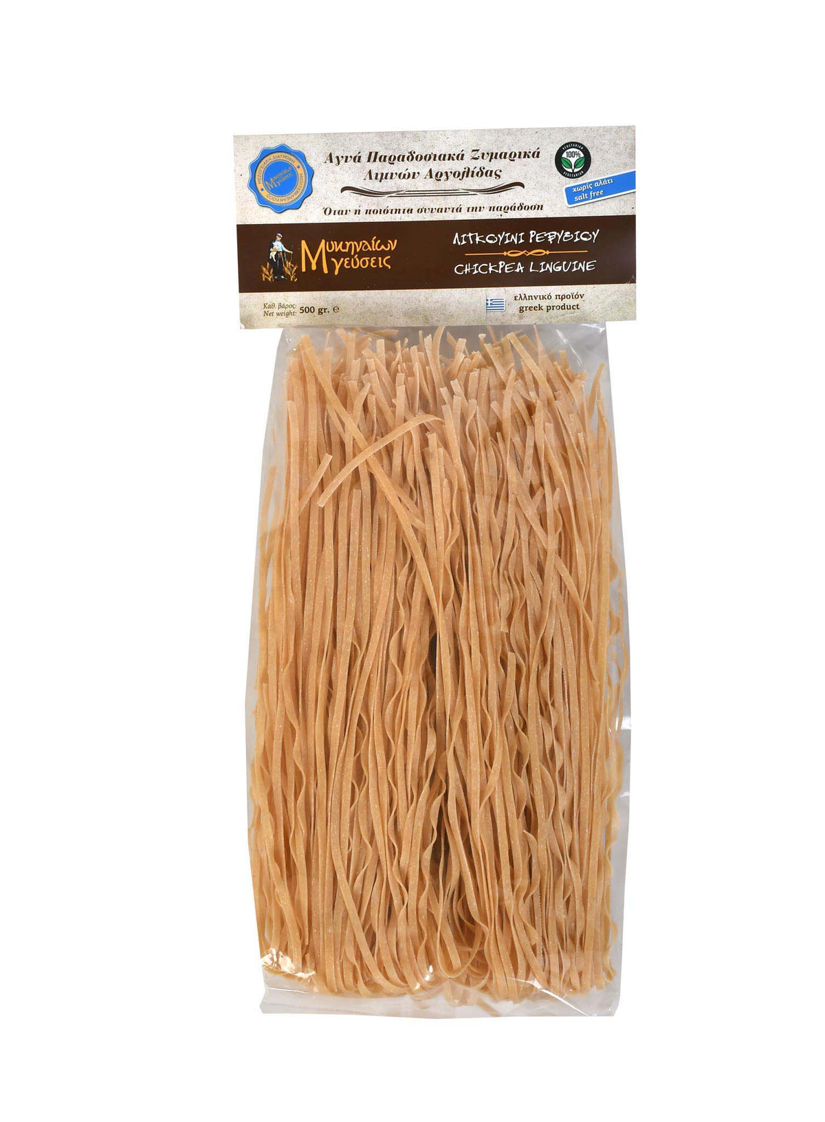 Front of package of Mikinaion Gefsis Linguine with Chickpea and Onion pasta