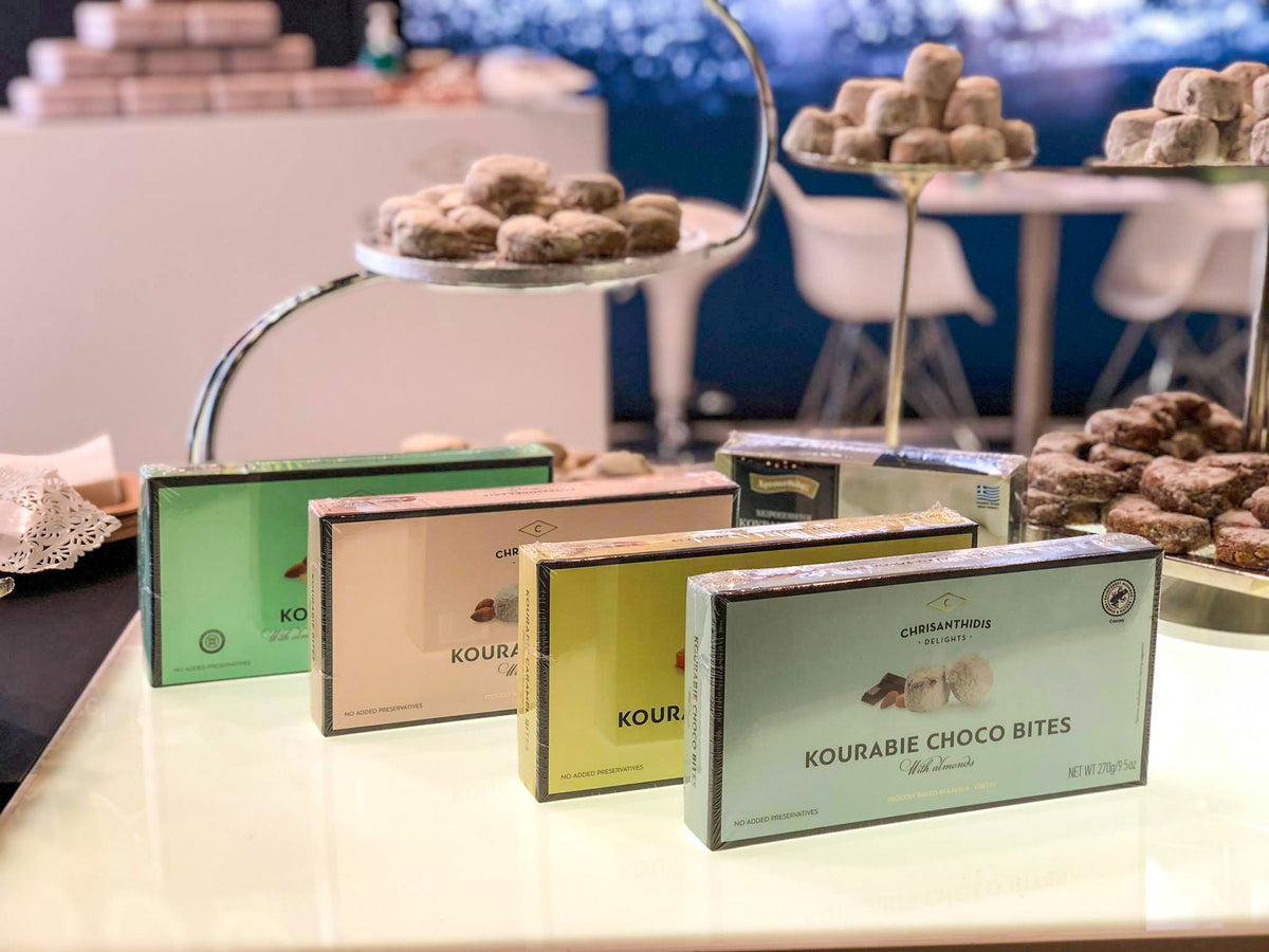 Assorted flavors of Chrisanthidis Kourabie cookies with Choco Bites in the foreground