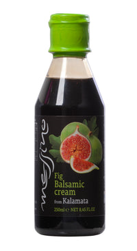 Front label of bottle of Messino balsamic glaze reduction imported from Greece with Fig flavor