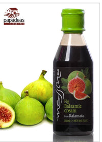 Front label of bottle of Messino Balsamic Glaze with Fig and figs in the background