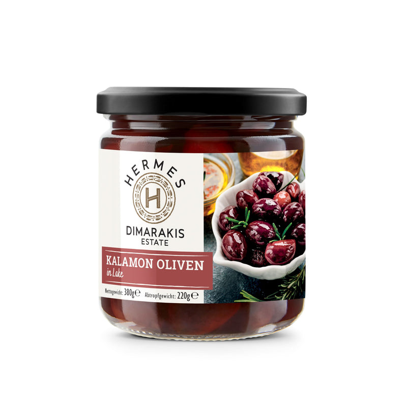 Front of jar of Hermes Dimarkis Estate Kalamon Olives in brine