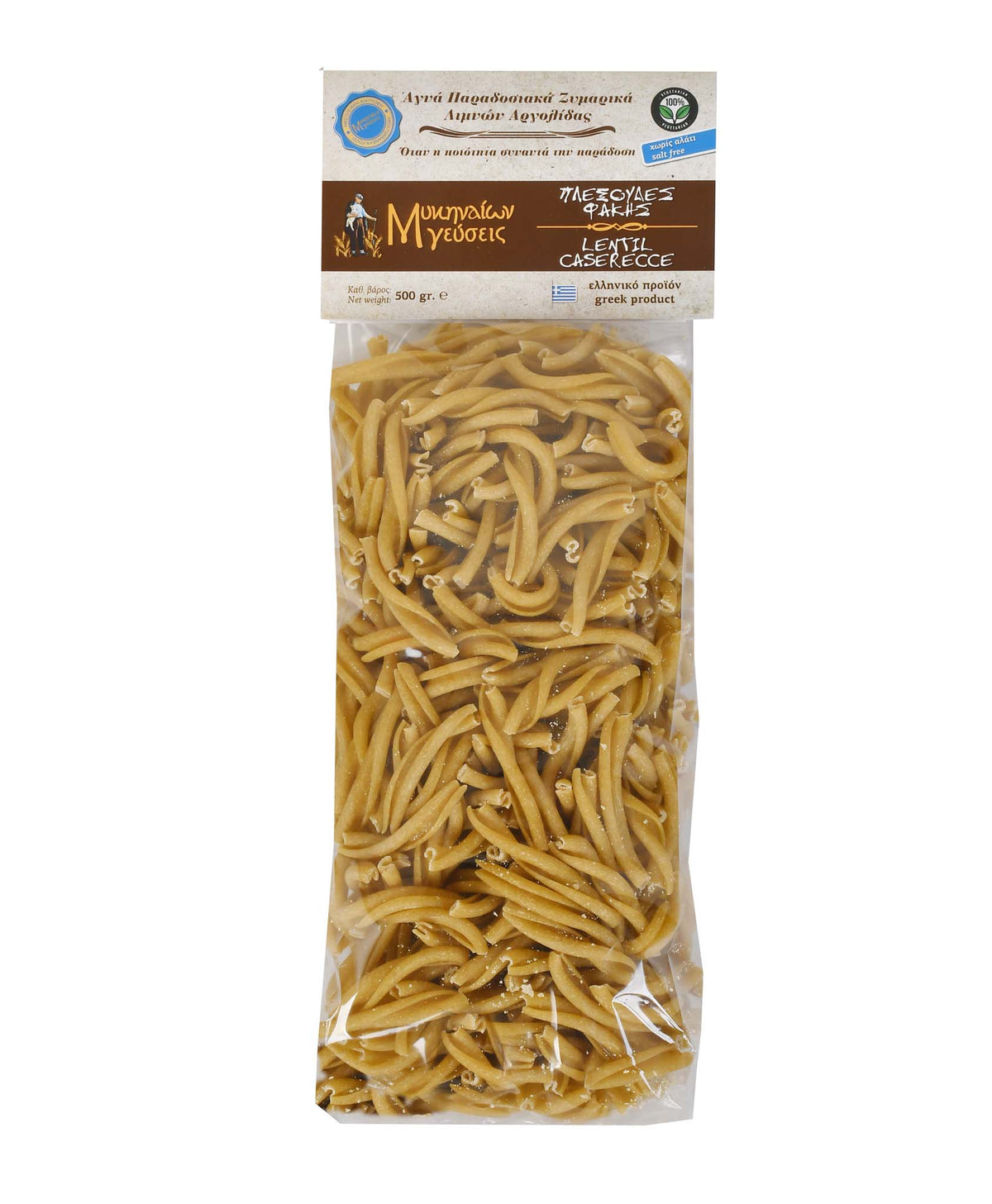 Front of package of Mikinaion Gefsis Caserecce with Lentil, Onion and Garlic pasta