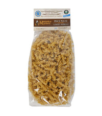 Front of package of Mikinaion Gefsis Fusilli with Lentil, Onion and Garlic pasta