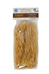 Front of package of Mikinaion Gefsis Linguine with Lentil, Onion and Garlic pasta