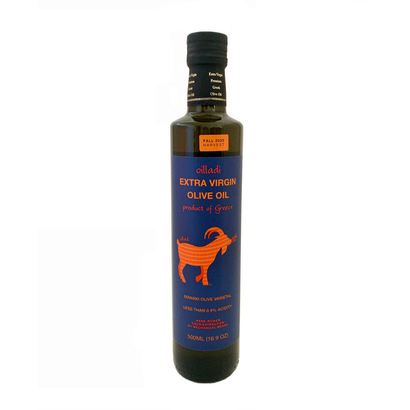 Front of 500 ml Bottle of Oilladi extra virgin olive oil