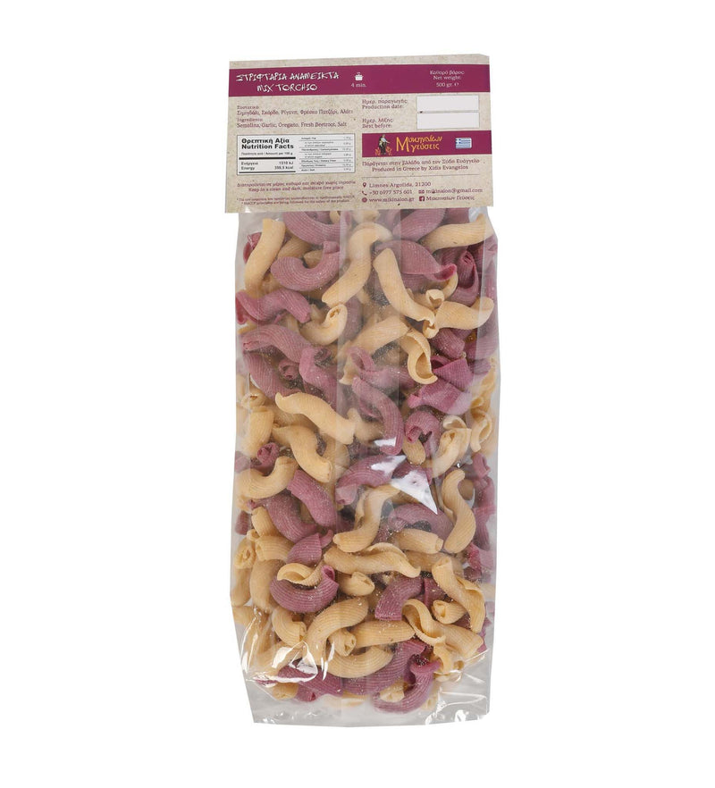 Back of package of Mikinaion Gefsis Torcchio with Beet, Garlic and Oregano pasta