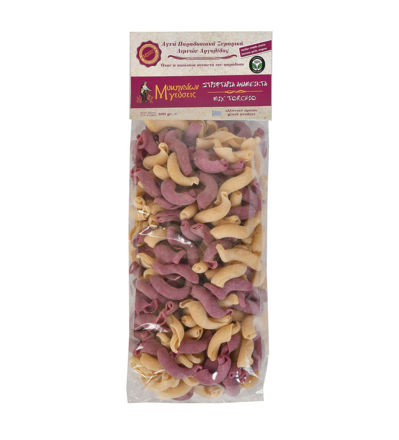 Front of package of Mikinaion Gefsis Torcchio with Beet, Garlic and Oregano pasta