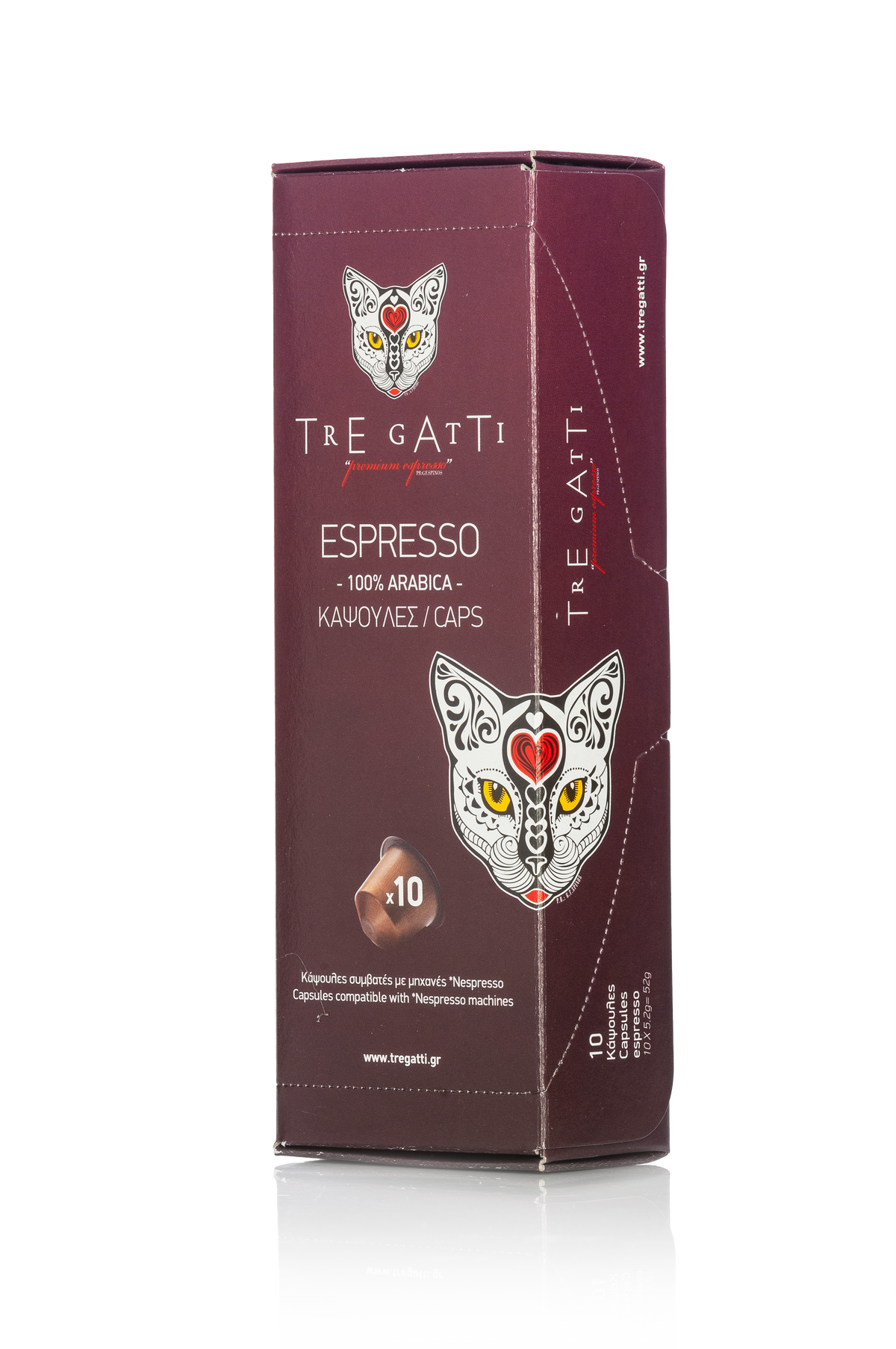 Front of box of Tre Gatti espresso capsules