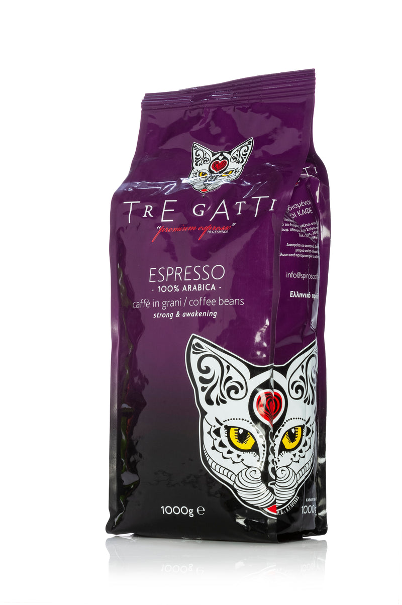 Front of bag of Tre Gatti Espresso beans