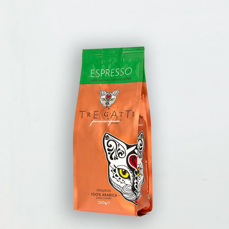 Front of bag of Tre Gatti premium ground espresso