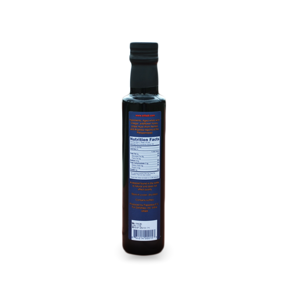 Back of bottle of Oilladi balsamic vinegar with honey imported from greece
