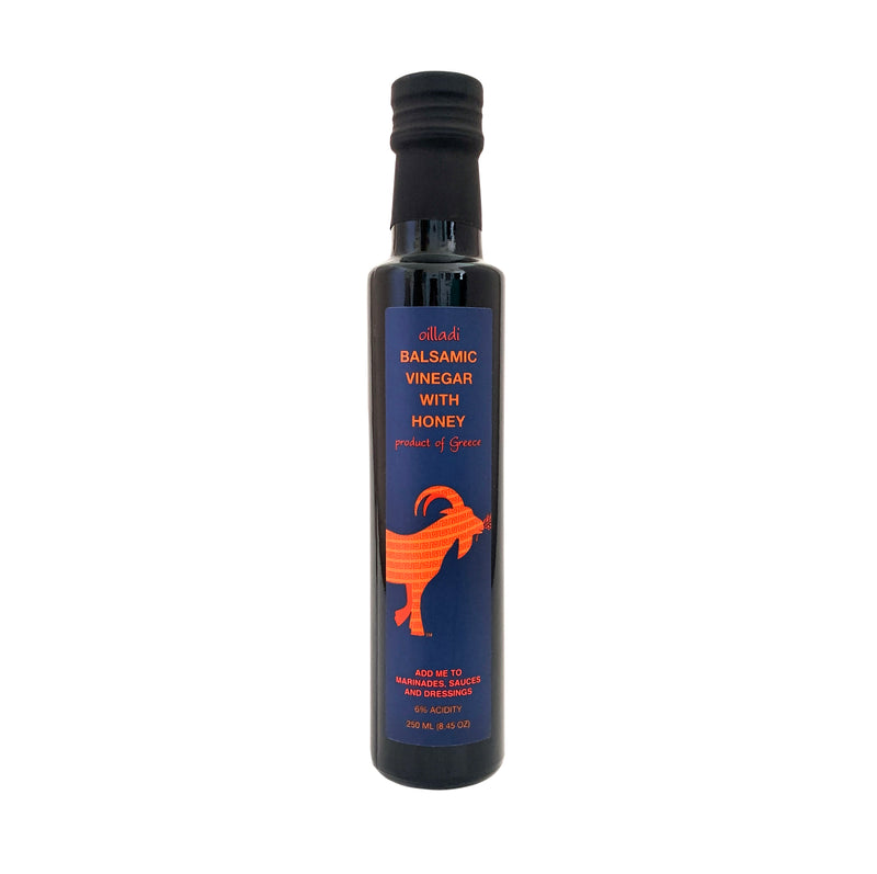 Front of bottle of Oilladi balsamic vinegar with honey imported from greece