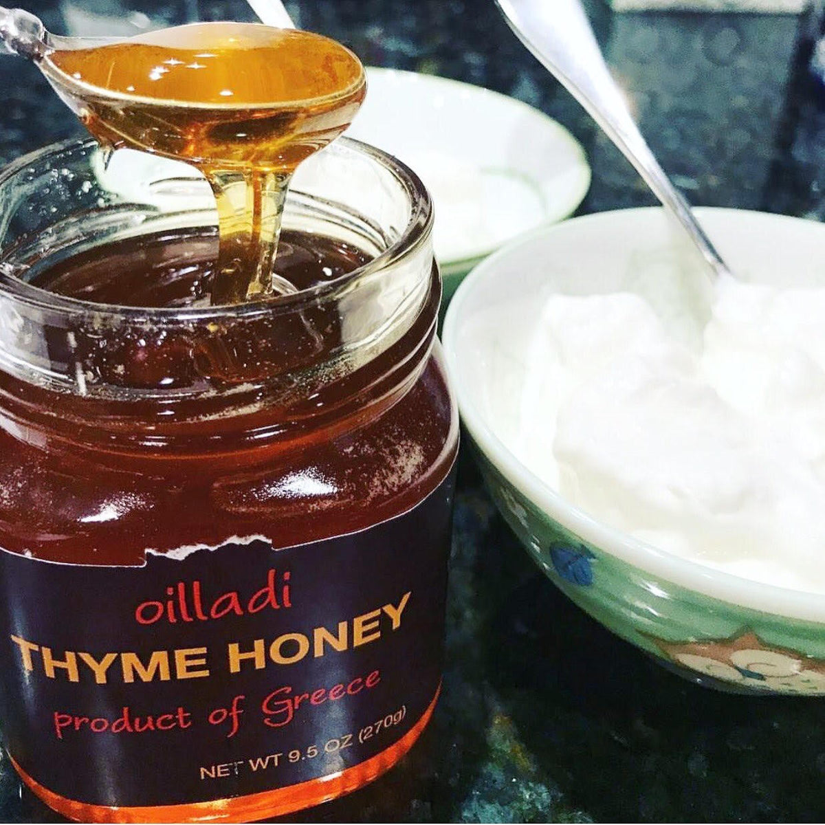 Oilladi thyme honey imported from the islands of Greece with yogurt
