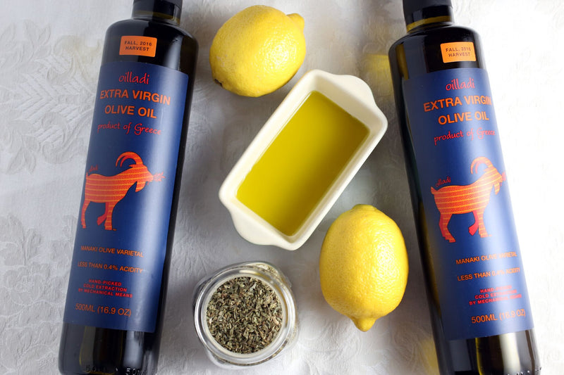 Oilladi extra virgin olive oil EVOO imported from Greece with lemons and basil